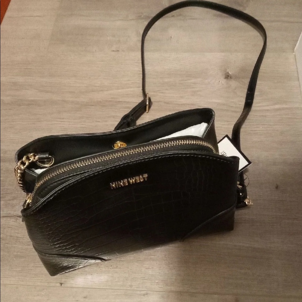 Nine West Crocodile Embossed Black and gold Crossbody Bag